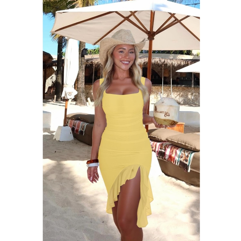 Yellow Ruffled Midi DressSleeveless Bodycon Ruffle Hem Midi Dress